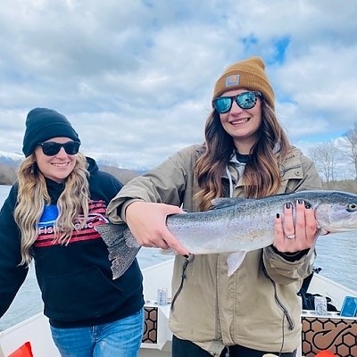 Two women holding up their catch